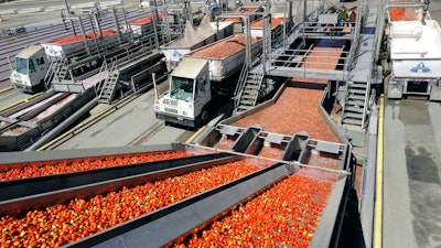 In this Sept, 17, 2018, file photo tomatoes go through a washing process at the Los Gatos Tomato Products plant in Huron, Calif. On Friday, Nov. 9, the Labor Department reports on U.S. producer price inflation in October.