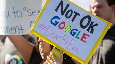 Workers protest against Google's handling of sexual misconduct allegations at the company's Mountain View, Calif., headquarters on Thursday, Nov. 1, 2018.