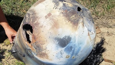 Fuel tank of an Iridium satellite launched in 1997-1998 re-entered the Earth’s atmosphere and crashed in a California orchard where it was discovered in late October 2018.