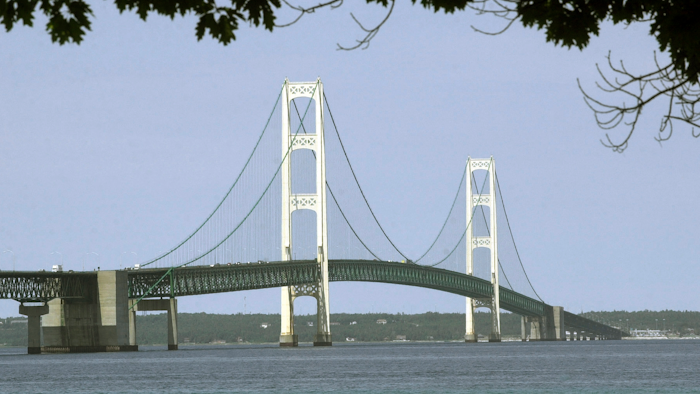 This file photo shows the Mackinac Bridge that spans the Straits of Mackinac from Mackinaw City, Michigan.