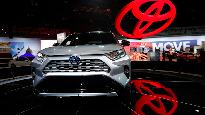 In this Nov. 28, 2018, file photo the 2019 Toyota RAV4 is displayed at the Los Angeles Auto Show in Los Angeles. Toyota's top U.S. executive says car sales nationwide have bottomed out and his company will keep making them despite a dramatic shift to trucks and SUVs. U.S. CEO Jim Lentz told the Detroit Economic Club Wednesday, Dec. 5, that car sales fell below 30 percent of sales last month, and he thinks that's close to the bottom.