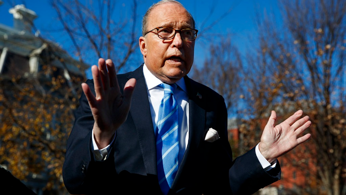 White House chief economic adviser Larry Kudlow talks with reporters about trade negotiations with China, at the White House, Monday, Dec. 3, 2018, in Washington.