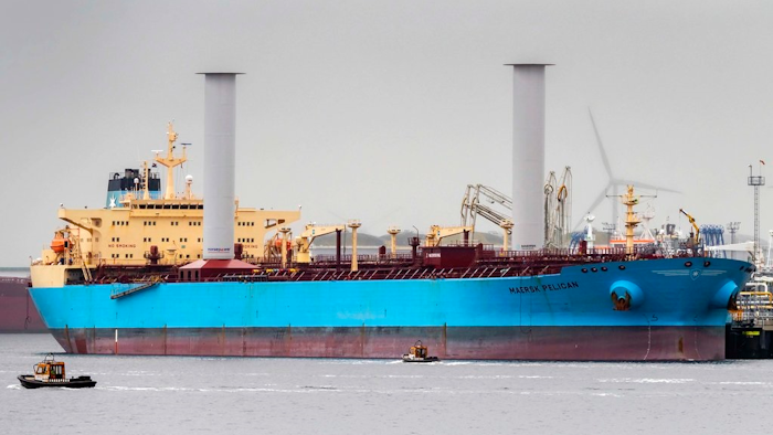 Finnish startup company Norsepower installed its rotor sail technology on the Maersk Pelican tanker, Aug. 29, 2018, in Rotterdam, Netherlands, in the first such installation on a tanker as the shipping industry tries new solutions in an effort to cut greenhouse gas emissions. The Maersk Pelican oil tanker is testing Norsepower’s 30 meter (98 foot) deck-mounted spinning columns, which convert wind into thrust based on an idea first floated nearly a century ago. Transport’s contribution to earth-warming emissions are the subject of investigations as negotiators gather in Katowice, Poland, for U.N. COP24 climate talks.