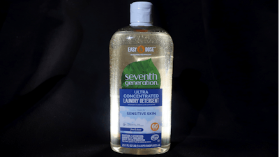 This Thursday, Dec. 13, 2018, photo shows Seventh Generation laundry detergent in New York. Laundry detergent bottles are heavy, bright-colored and designed to pop on store shelves. But with more people shopping online, Seventh Generation is slimming down its bottle for Amazon.com shoppers. The Unilever-owned company says the new bottle will be cheaper to ship and still wash the same amount of loads as the classic 100-ounce bottle.
