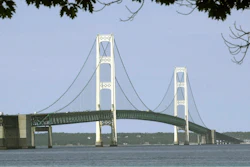 This file photo shows the Mackinac Bridge that spans the Straits of Mackinac from Mackinaw City, Michigan.