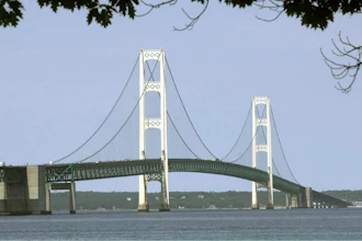 This file photo shows the Mackinac Bridge that spans the Straits of Mackinac from Mackinaw City, Michigan.