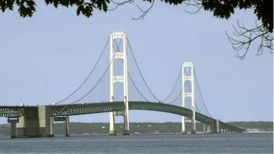 This file photo shows the Mackinac Bridge that spans the Straits of Mackinac from Mackinaw City, Michigan.