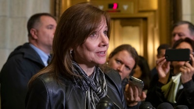 General Motors CEO Mary Barra speaks to reporters after a meeting with Sen. Sherrod Brown, D-Ohio, and Sen. Rob Portman, R-Ohio, to discuss GM's announcement it would stop making the Chevy Cruze at its Lordstown, Ohio, plant, part of a massive restructuring for the Detroit-based automaker, on Capitol Hill in Washington, Wednesday, Dec. 5, 2018.