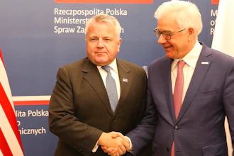 U.S. deputy secretary of state, John Sullivan, right, shakes hands with Polish Foreign Minister Jacek Czaputowicz in Warsaw, Poland, Wednesday, Dec. 19, 2018.The meeting comes as part of a tour by Sullivan to the region. The State Department said ahead of the visit that the reason for his visit to Poland was to reaffirm the U.S. commitment to NATO and commend Poland for its contributions to the alliance's common defense and its efforts to advance energy security.