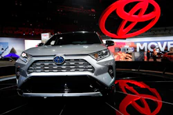 In this Nov. 28, 2018, file photo the 2019 Toyota RAV4 is displayed at the Los Angeles Auto Show in Los Angeles. Toyota's top U.S. executive says car sales nationwide have bottomed out and his company will keep making them despite a dramatic shift to trucks and SUVs. U.S. CEO Jim Lentz told the Detroit Economic Club Wednesday, Dec. 5, that car sales fell below 30 percent of sales last month, and he thinks that's close to the bottom.
