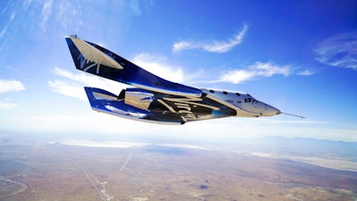 This May 29, 2018 photo provided by Virgin Galactic shows the VSS Unity craft during a supersonic flight test. The spaceship isn’t launched from the ground but is carried beneath a special aircraft to an altitude around 50,000 feet (15,240 meters). There, it’s released before igniting its rocket engine and climbing.