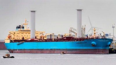 Finnish startup company Norsepower installed its rotor sail technology on the Maersk Pelican tanker, Aug. 29, 2018, in Rotterdam, Netherlands, in the first such installation on a tanker as the shipping industry tries new solutions in an effort to cut greenhouse gas emissions. The Maersk Pelican oil tanker is testing Norsepower’s 30 meter (98 foot) deck-mounted spinning columns, which convert wind into thrust based on an idea first floated nearly a century ago. Transport’s contribution to earth-warming emissions are the subject of investigations as negotiators gather in Katowice, Poland, for U.N. COP24 climate talks.