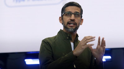 In this May 8, 2018, file photo, Google CEO Sundar Pichai speaks at the Google I/O conference in Mountain View, Calif. Top executives from Google, Microsoft, IBM, Oracle and Qualcomm are planning to meet at the White House amid strained ties between President Donald Trump’s administration and the tech industry.