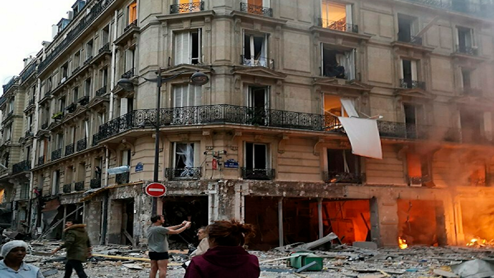 A powerful explosion and fire, apparently caused by a gas leak, at a Paris bakery injured more than 40 people.