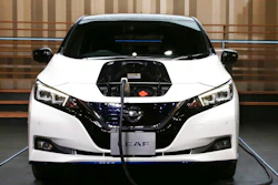 Nissan LEAF e+ is on display at the global headquarters of Nissan Motor Co., Ltd. in Yokohama Wednesday, Jan. 9, 2019. Nissan is showing the beefed up version of its hit Leaf electric car as the Japanese automaker seeks to distance itself from the arrest of its star executive Carlos Ghosn. The event at Nissan Motor Co.'s Yokohama headquarters, southwest of Tokyo, had been postponed when Ghosn was arrested Nov. 19.