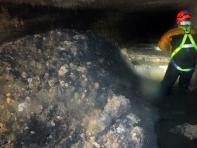 In this photo released Tuesday Jan. 8, 2019, by Britain's South West Water company, showing part of a 'fatberg', a mass of hardened fat, oil and baby wipes, measuring some 64 meters (210 feet) long, in the town of Sidmouth, England. The fatberg is blocking a sewer in the southwestern English town, and will take a sewer team around eight weeks to dissect and dispose of the obstruction.
