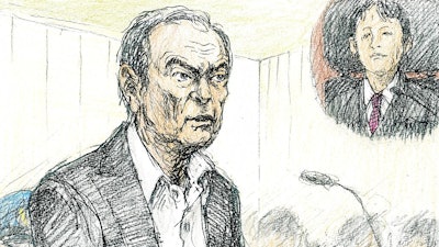 This courtroom sketch depicts former Nissan chairman Carlos Ghosn in a courtroom at the Tokyo District Court in Tokyo Tuesday, Jan. 8, 2019. Ghosn, denied any wrongdoing and proclaimed his loyalty to the company at a court hearing in Tokyo on Tuesday. It was Ghosn's first public appearance since he was arrested on Nov. 19 and charged with false financial reporting.