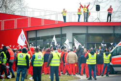 Employees of the Gyor plant of German car maker Audi AG hold a two-hour warning strike organised by the Audi Hungaria Independent Union (AHFSZ) in Gyor, 120 kms west of Budapest, Hungary, Friday, Jan. 18, 2019. The union demands a wage increase of at least 18 percent, but no less than HUF 75,000 a month. Audi Hungaria employs more than 11,500 people at its base in Gyor.