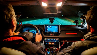 This December 2018 photo provided by Edmunds shows the navigation screen of the 2019 Toyota RAV4, which a team of Edmunds editors drove through the 48 contiguous states in seven days. While Apple CarPlay and Android Auto are convenient, letting you operate a smartphone's navigation apps via a vehicle's touchscreen, only built-in navigation will allow you to see maps and establish guidance when data-level cell service is not present. That's the case in lots of areas around the U.S.