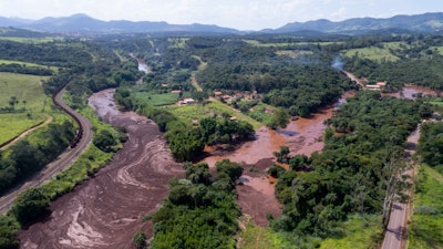An aerial view shows flooding triggered by a dam collapse near Brumadinho, Brazil.