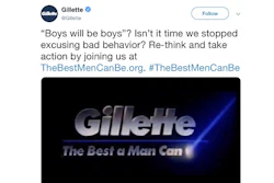 This image from Gillette's Twitter account shows a Gillette advertisement. The ad for men invoking the #MeToo movement is sparking online backlash, with some saying it talks down to men and calling for a boycott. Gillette says it doesn’t mind sparking a discussion, and since it debuted Monday, Jan. 14, 2019, the online-only ad has garnered millions of views on YouTube, a level of buzz and chatter that any brand would covet.