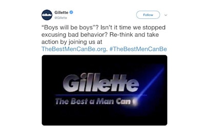 This image from Gillette's Twitter account shows a Gillette advertisement. The ad for men invoking the #MeToo movement is sparking online backlash, with some saying it talks down to men and calling for a boycott. Gillette says it doesn’t mind sparking a discussion, and since it debuted Monday, Jan. 14, 2019, the online-only ad has garnered millions of views on YouTube, a level of buzz and chatter that any brand would covet.