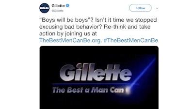 This image from Gillette's Twitter account shows a Gillette advertisement. The ad for men invoking the #MeToo movement is sparking online backlash, with some saying it talks down to men and calling for a boycott. Gillette says it doesn’t mind sparking a discussion, and since it debuted Monday, Jan. 14, 2019, the online-only ad has garnered millions of views on YouTube, a level of buzz and chatter that any brand would covet.