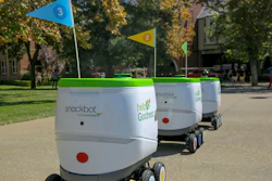 This photo provided by PepsiCo shows self-driving robots made by Robby Technologies. PepsiCo says it will start making snack deliveries with the robots on Thursday, Jan. 3, 2019, at the University of the Pacific in Stockton, California.