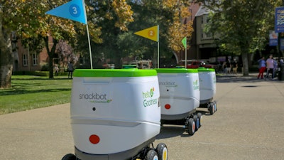 This photo provided by PepsiCo shows self-driving robots made by Robby Technologies. PepsiCo says it will start making snack deliveries with the robots on Thursday, Jan. 3, 2019, at the University of the Pacific in Stockton, California.
