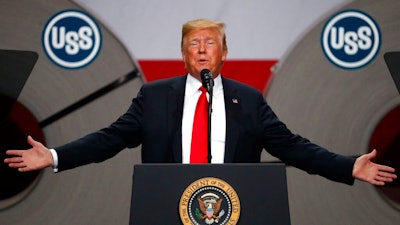 In this July 26, 2018, file photo President Donald Trump speaks at the United States Steel Granite City Works plant in Granite City, Ill. The president frequently boasts that the taxes he’s imposed on imports, steel and aluminum and nearly half of all goods from China, have showered the U.S. Treasury with newfound revenue. “We are right now taking in $billions in Tariffs,’’ Trump tweeted last month. “MAKE AMERICA RICH AGAIN.’’ Yet the fact is that tariffs like Trump’s account for barely 1 percent of federal revenue.