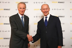 New Renault chairman Jean-Dominique Senard, left, shakes hands with Renault CEO Thierry Bollore after being appointed following a meeting of the board held at Renault headquarters in Boulogne-Billancourt, outside Paris, France, Thursday, Jan. 24, 2019. The board of French carmaker Renault has chosen new leadership to replace industry veteran Carlos Ghosn, naming Jean-Dominique Senard as chairman and Renault executive Thierry Bollore as CEO.