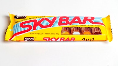 This April, 13, 2018 photo shows a Necco Sky Bar. The iconic candy bar that many fans thought was gone forever when the New England Confectionary Co. closed its doors last year is coming back.