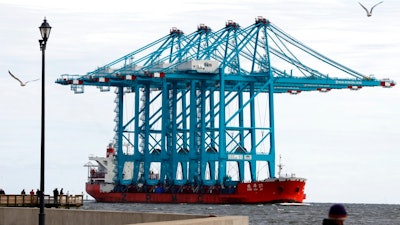 Spectators crowd a pier as they watch a Chinese ship carrying giant cranes approach the entrance to Hampton Roads in Hampton, Va., Monday, Jan. 7, 2019. The four new ship- to-shore cranes are part of the $320 million expansion of Virginia International Gateway.