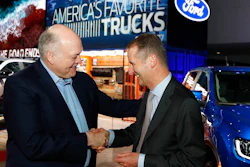 Ford Motor Co. President and CEO, Jim Hackett, left, meets with Dr. Herbert Diess, CEO of Volkswagen AG, Monday, Jan. 14, 2019, at the North American International Auto Show in Detroit.
