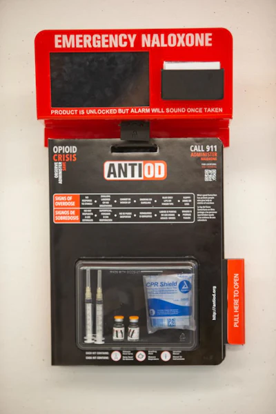 AntiOD boxes contain naloxone and instructions on how to perform lifesaving measures.