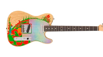 This image released by Fender shows a recreation of a Telecaster guitar that Jimmy Page once painted with a dragon, a long-lost piece of six-string history that marked the guitar hero’s last days in the Yardbirds and first days in Led Zeppelin. Fender craftsman Paul Waller, who worked with Page to reboot the dragon, says it represents “a pivotal moment for the guitar and for music.”