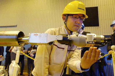 Toshiba Corp.'s energy systems unit group manager Jun Suzuki shows a remote-controlled melted fuel probe device at its facility in Yokohama, near Tokyo, Monday, Jan. 28, 2019. Toshiba unveiled the device carrying tongs that comes out of a long telescopic pipe for an internal probe in one of three damaged reactor chambers at Japan’s tsunami-hit Fukushima nuclear plant - this time to touch chunks of melted fuel.