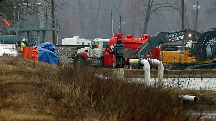 Excavation equipment is used to search for an oil leak close to where the TransCanada Corp's Keystone oil pipeline runs through northern St. Charles County off of Highway C, Thursday, Feb. 7, 2019, near St. Charles, Mo. The source of the oil leak has not yet been identified but the Keystone oil pipeline has been shut and the Missouri Department of Natural Resources official said the the release is stopped.