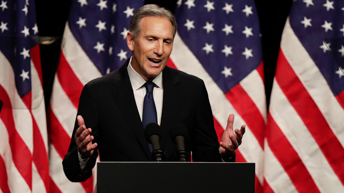 Former Starbucks CEO Howard Schultz speaks at Purdue University in West Lafayette, Indiana.
