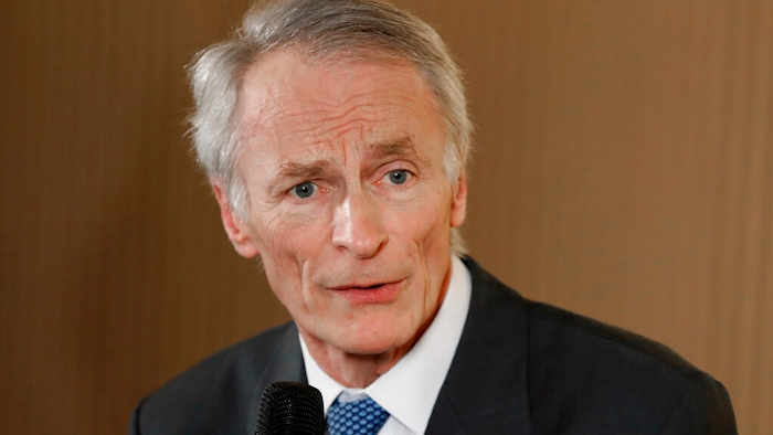 In this Jan. 24, 2019, file photo, Jean-Dominique Senard addresses the media after being appointed Renault chairman following a meeting of the board at Renault headquarters in Boulogne-Billancourt, outside Paris, France. Nissan Motor Co.'s board chose Tuesday, Feb. 5, 2019, as a director Senard, who was recently appointed chairman at the Japanese automaker's alliance partner Renault SA.
