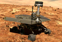 This illustration made available by NASA shows the rover Opportunity on the surface of Mars. The exploratory vehicle landed on Jan. 24, 2004, and logged more than 28 miles (45 kilometers) before falling silent during a global dust storm in June 2018. There was so much dust in the Martian atmosphere that sunlight could not reach Opportunity's solar panels for power generation.