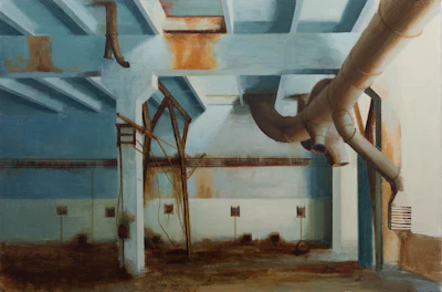 In this handout photo taken on Thursday, Dec. 15, 2016, Pavel Otdelnov's work «Ruins #6» is on display at an exhibition in Moscow, Russia . Pavel Otdelnov, a Russian artist who grew up in Dzerzhinsk, the center of the nation's chemical industries 355 kilometers (220 miles) east of Moscow, focused on the city, one of the most polluted in Russia, in his new 'Promzona' art show.