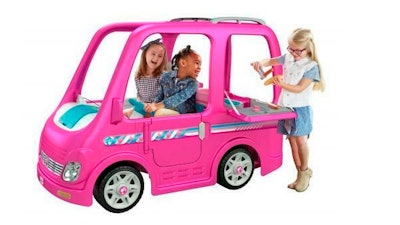 This image shows Power Wheels Barbie Dream Campers by Fisher-Price.