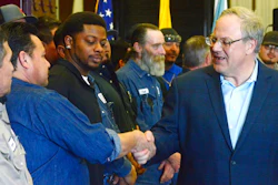 Acting U.S. Interior Secretary David Bernhardt greets employees at a Watson Hopper oilfield equipment manufacturing plant in Hobbs, N.M., on Wednesday, Feb. 6, 2019. Bernhardt visited the New Mexico city at the heart of the state's booming oil region to promote energy development on public lands.