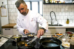 In this Wednesday, Jan. 16, 2019 photo, chef Amir Ilan prepares a lab-grown steak during a presentation by the Israeli company Aleph Farms, in Jaffa, Israel. Several Israeli start-ups have joined a handful of companies around the globe trying to develop lab-grown meat, something they see as a solution to the needs of the world’s ever-growing population and burgeoning demand for food.