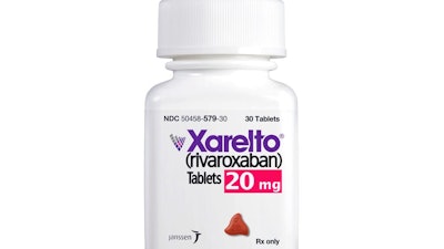 This undated product image provided by Janssen Pharmaceuticals, Inc. shows Xarelto. Johnson & Johnson says it will start giving the list price of its prescription drugs in television ads. The company would be the first drugmaker to take that step. J&J said Thursday, Feb. 7, 2019, it would start with its popular blood thinner, Xarelto.