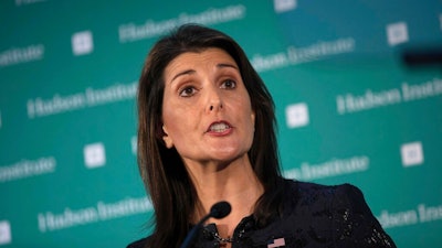 In this Dec. 3, 2018 file photo, Nikki Haley speaks during the Hudson Institute's 2018 Award Gala in New York. Boeing is making room on its board of directors for Haley, the former U.S. ambassador to the United Nations. Boeing Co. said Tuesday, Feb. 26, 2019, that it nominated Haley for election at its annual shareholder meeting, which is scheduled for April 29.