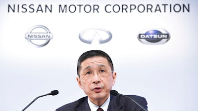 Nissan Motor Co. President and Chief Executive Officer Hiroto Saikawa speaks during a press conference at its Global Headquarter in Yokohama, near Tokyo, Tuesday, Feb. 12, 2019. Nissan reported a drop in third quarter profit to about a fourth of the previous year's, mainly because U.S. tax reforms had lifted profits a year earlier. Nissan has been rocked recently by the arrest of its former chairman, Carlos Ghosn, on charges of financial misconduct.