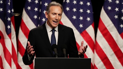 Former Starbucks CEO Howard Schultz speaks at Purdue University in West Lafayette, Indiana.