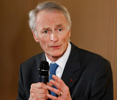 In this Jan. 24, 2019, file photo, Jean-Dominique Senard addresses the media after being appointed Renault chairman following a meeting of the board at Renault headquarters in Boulogne-Billancourt, outside Paris, France. Nissan Motor Co.'s board chose Tuesday, Feb. 5, 2019, as a director Senard, who was recently appointed chairman at the Japanese automaker's alliance partner Renault SA.